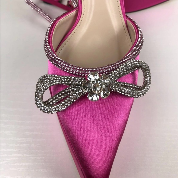 Barbie Pink Satin High Heels Ankle Strap Pointed Toe Rhinstone Elle woods - Picture 7 of 12